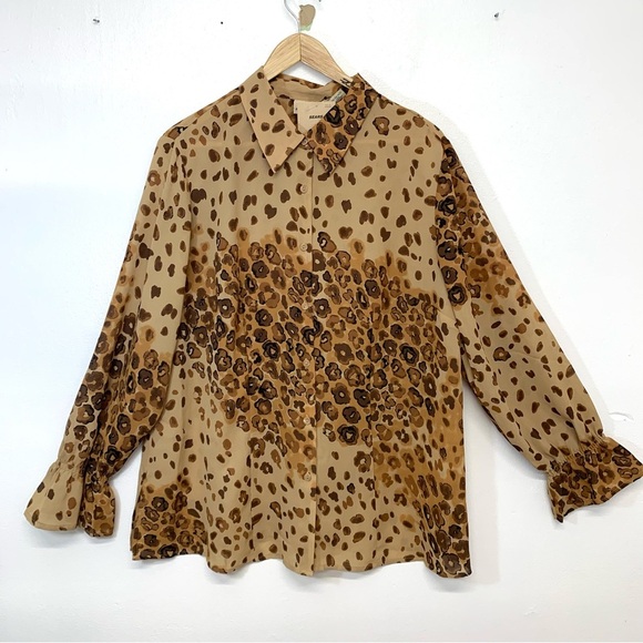 Apostrophe Blouse Woman 18W  Button Down Brown Animal Print‎ Ruffle Cuff Tunic - Picture 1 of 10